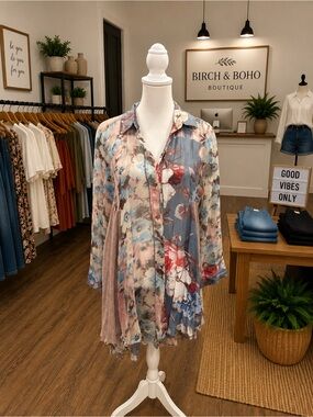 Feratelli Floral High Low Sheer Blouse Large Boho Mixed Texture Top